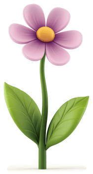 A vibrant, cartoonish purple flower with green leaves. png