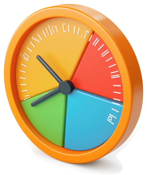 Colorful clock with a segmented face displays various time segments. png