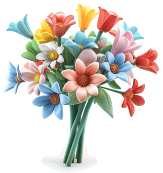 Vibrant bouquet of stylized flowers in various colors. png