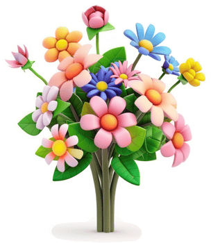 Vibrant bouquet of cartoon flowers in various colors. png