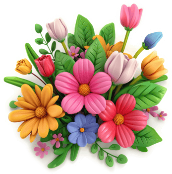 Vibrant floral bouquet of colorful blossoms and leaves. png