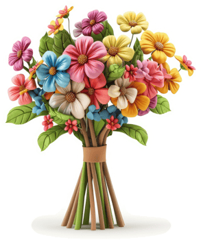 Vibrant bouquet of colorful polymer clay flowers. png