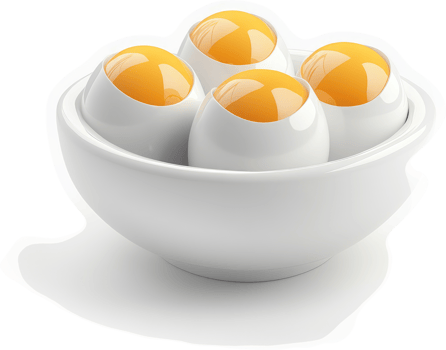 Four perfectly-formed eggs in a white bowl. png
