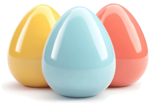 Three colorful, glossy easter eggs stand in a row. png