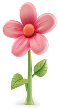 A cartoonish, three-dimensional, pink flower stands tall. png