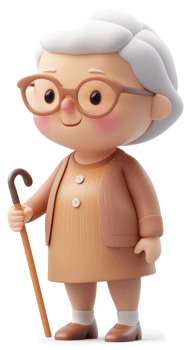 Cartoon depiction of a cheerful elderly woman with a walking cane. png