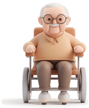 Cartoon depiction of an elderly man in a wheelchair. png