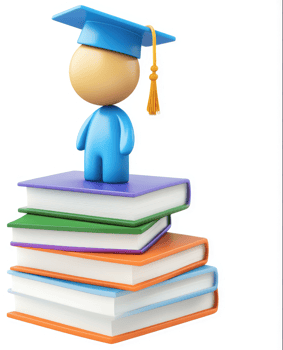 Graduation and knowledge represented by a figure on a stack of books. png