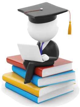 3D figure with graduation cap sits on books with a laptop. png