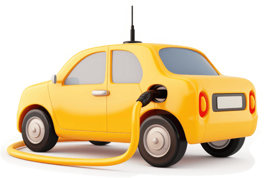 Yellow electric vehicle being charged. png