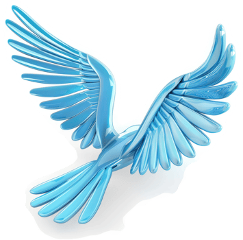 A stylized, light-blue bird in flight, digitally rendered. png
