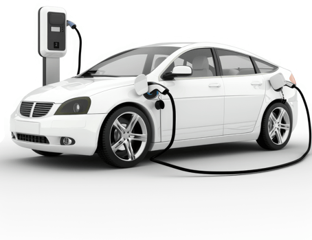 White electric vehicle charging at a public charging station. png