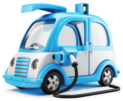 Light-blue, retro-style electric vehicle being charged. png