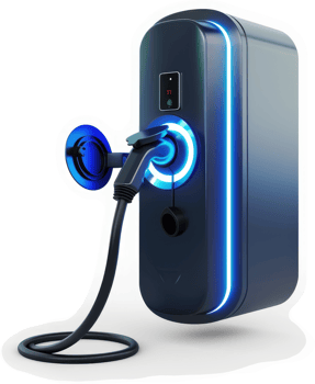 Modern electric vehicle charging station with illuminated panel. png