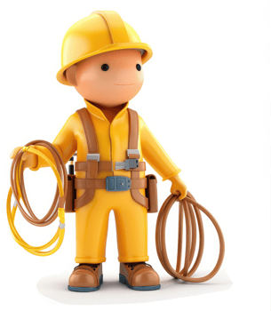 Smiling, cartoon construction worker holds coiled electrical cables. png
