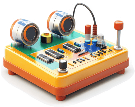 Electronic circuit board with dual speakers and controls. png