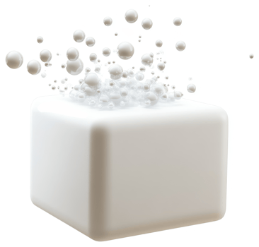 White cube erupting with a burst of bubbles. png