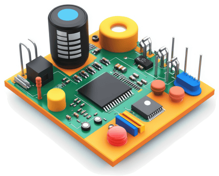 Colorful electronic circuit board with various components. png