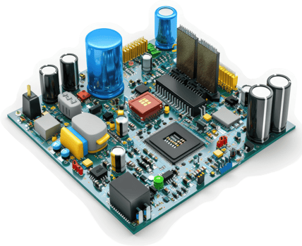 Complex electronic circuit board with various components. png