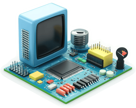 Vintage television components on a circuit board. png
