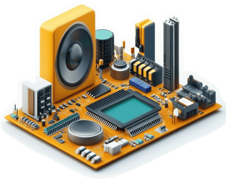 Integrated circuit board with audio components. png