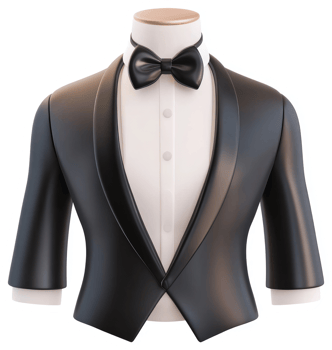 Formal black tuxedo jacket and bow tie displayed on a mannequin. png