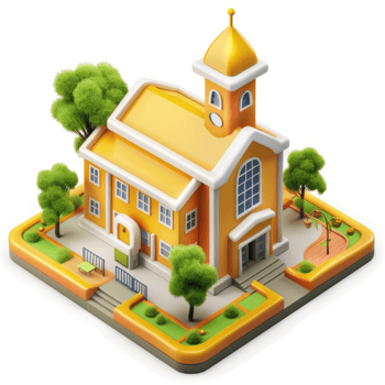 Colorful isometric illustration of a church building with landscaping. png