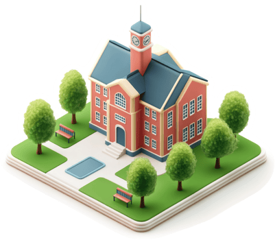 Colorful illustration of a classic school building on a landscaped campus. png