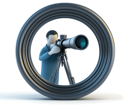 A person observes through a large telescope within a circular frame. png