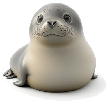 Cute cartoon seal pup, looking up and smiling. png