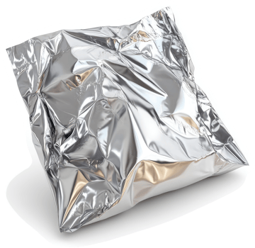 A crumpled, silver foil packet rests on a white surface. png