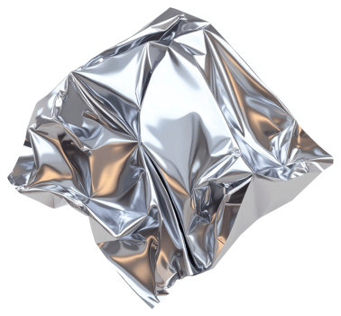 Wrinkled metallic foil sculpture, reflective and crumpled. png