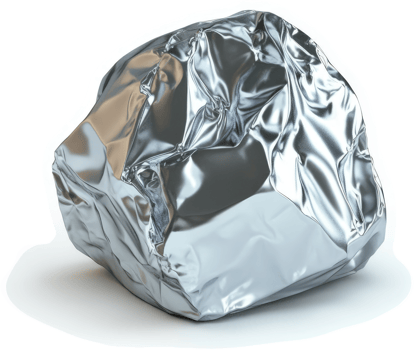 Crumpled sheet of polished metal, likely aluminum. png