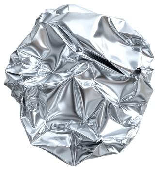 Crumpled aluminum foil ball highlights metallic texture. png