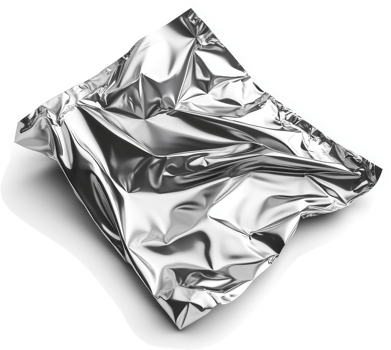 Crinkled metallic foil packaging lies on a white surface. png