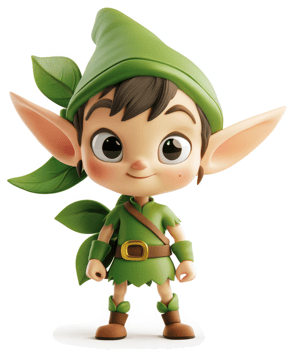 Smiling, leafy elf character, wearing green attire. png