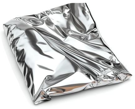 Crumpled metallic foil packaging lies on a white background. png