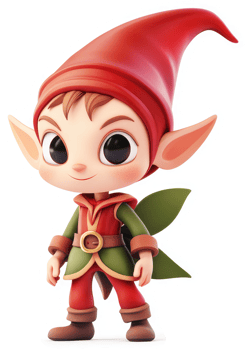 Smiling, cartoon elf character in festive attire. png