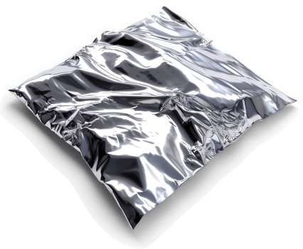 Shiny metallic foil packet lies flat on a surface. png