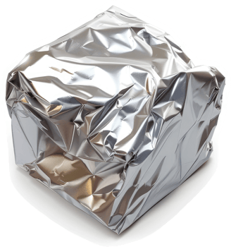 Crinkled aluminum foil wrapped cube. png