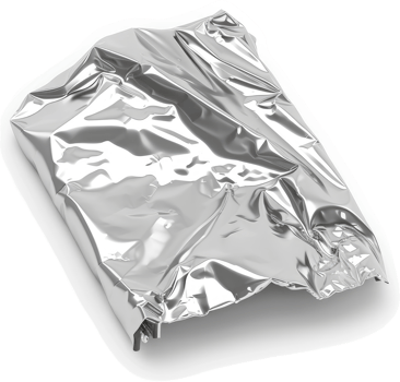 Wrinkled metallic foil package discarded on a white background. png