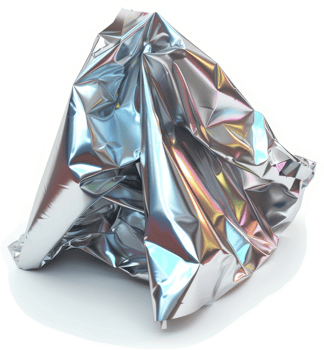 Crinkled metallic foil draped in a dynamic, abstract form. png