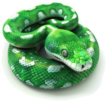Emerald green snake coiled, displaying intricate patterns. png