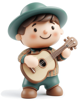 Cheerful boy plays a guitar happily. png