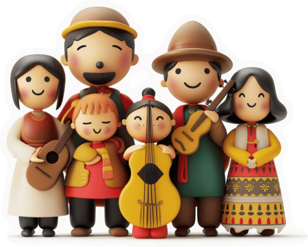 Warmly gathered family musicians in traditional attire. png
