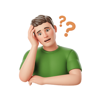 Confused man with question marks above head, 3d rendering, thinking concept png
