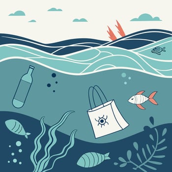 Ocean Plastic Pollution Teal and Blue Hand Drawn Illustration Seaweed, Fish, Bottle. vector
