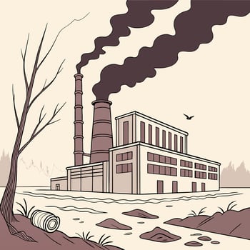 Industrial Pollution Illustration Sepia toned Factory, Smokestacks. vector