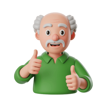 Cartoon grandpa giving thumbs up with a green shirt and white hair smiling png