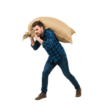 Man Carrying Heavy Sack on Shoulders with Strain png